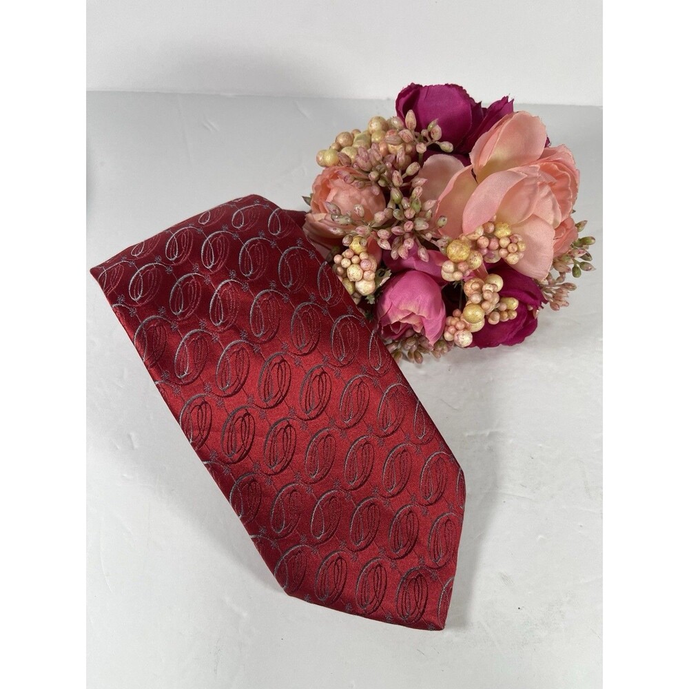 Cubavera Mens Neck Tie Red Silver Swirl Geometric Silk Blend 58" x 3.75"